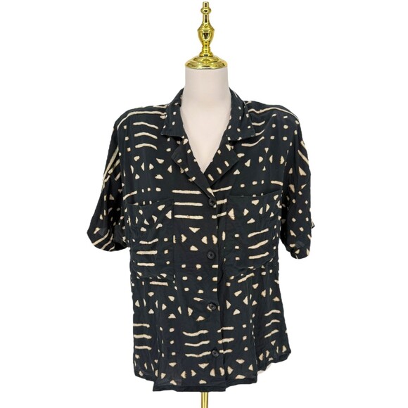 Linda Allard Ellen Tracy Silk Blouse Size 8 Boxy Abstract Collared Button Top - Picture 2 of 13